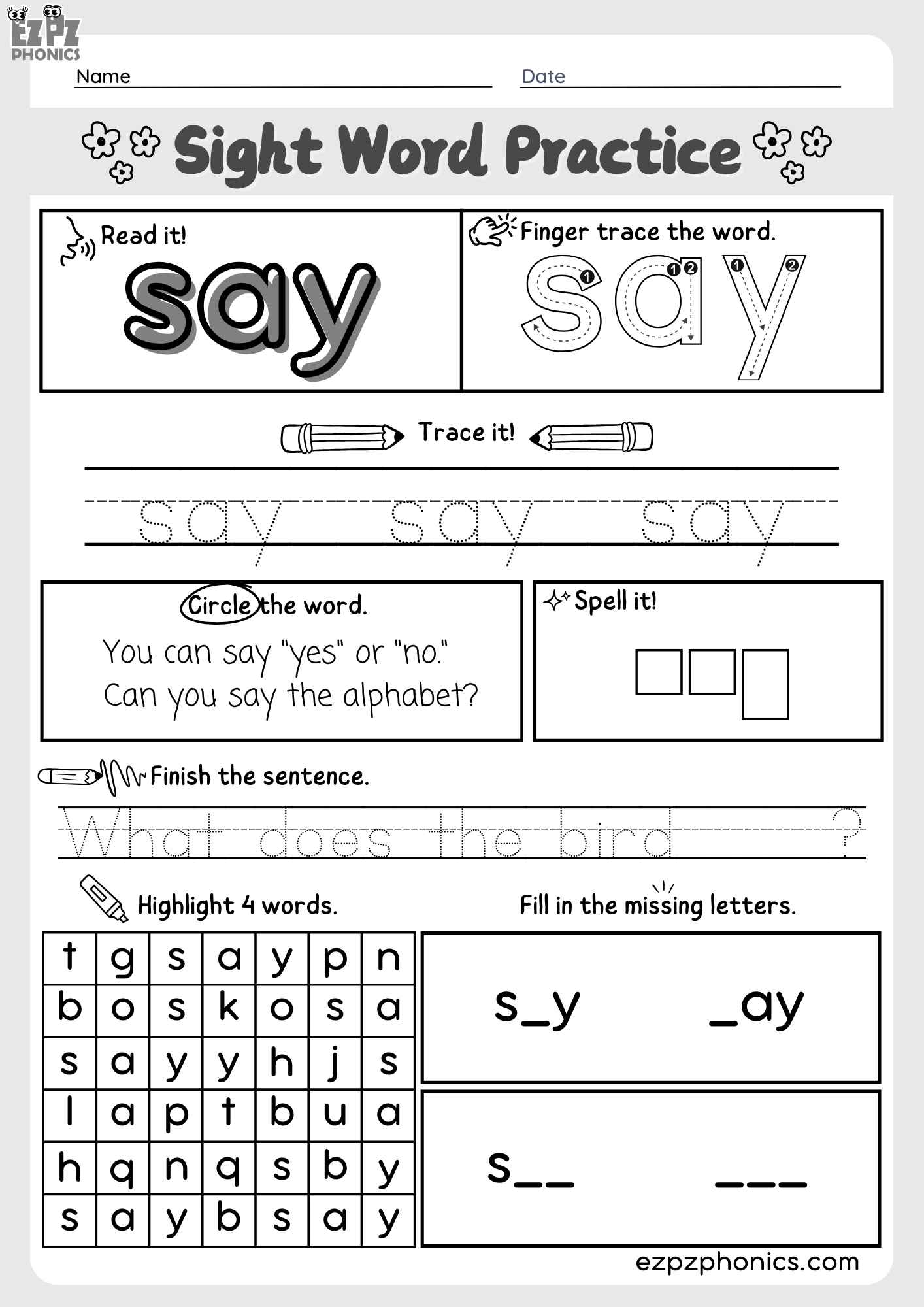 Dolch Kindergarten Sight Word "Say" Engaging Activities Free PDF